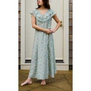 Baybala Maxi Dress Blue Floral Eloise Ruffle Neckline Short Sleeve